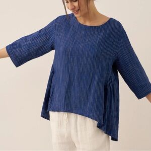 Lintico  Shirt 100% Linen Round Neck Artistic Blue Stripe Top FLORENCE Size M